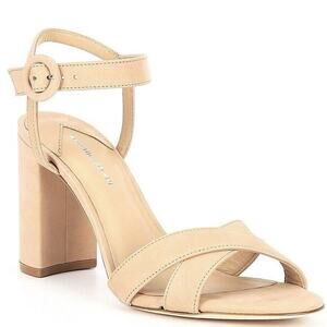 Antonio Melani Geena Nubuck Leather Beige Nude Ankle Strap Block Heels